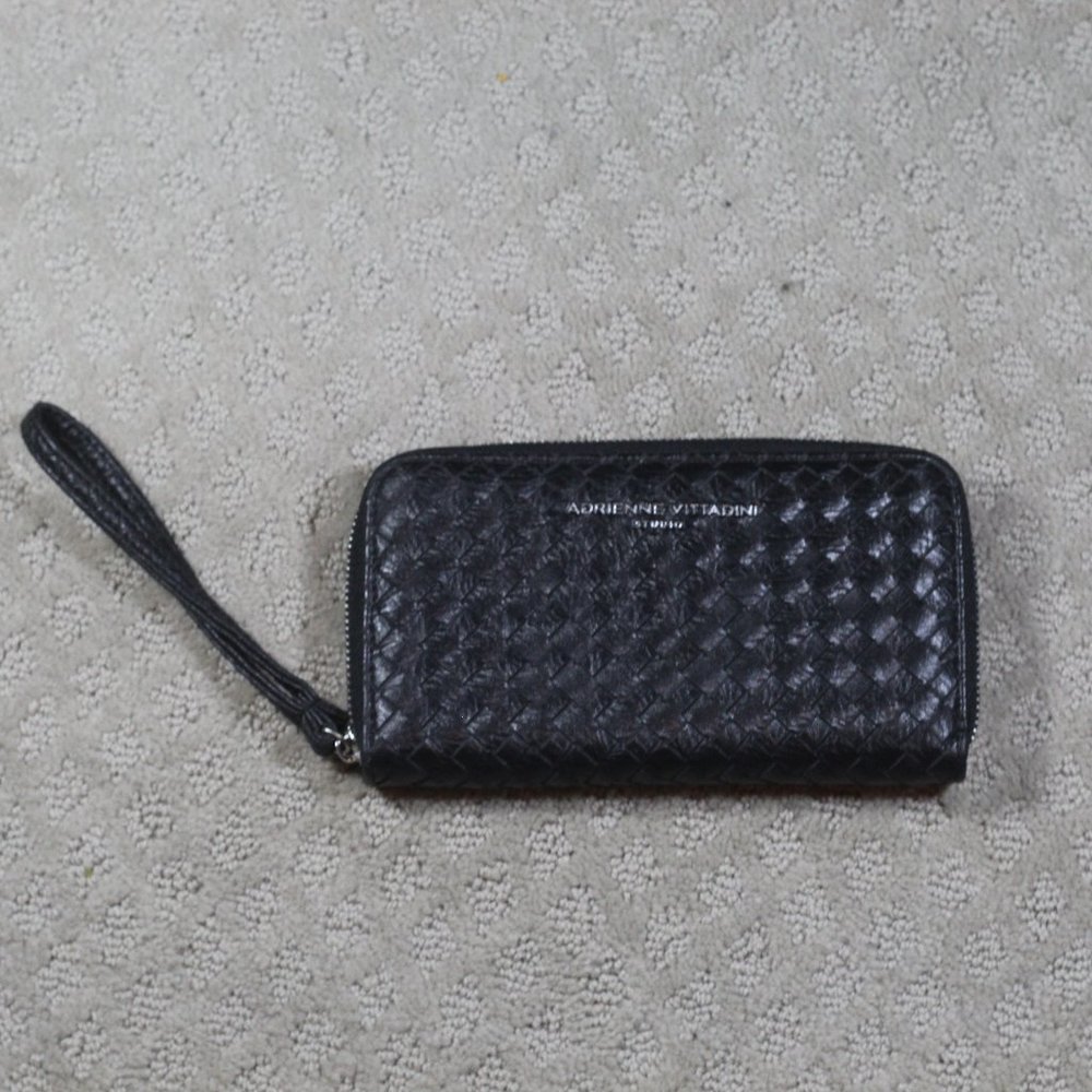 Adrienne Vittadini Black Leather Woven Clutch Wristlet
